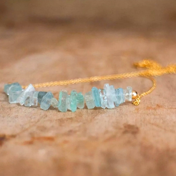 RAW AQUAMARINE on gold plated chain. Beautiful & dainty. Aries stone March - Picture 3 of 4